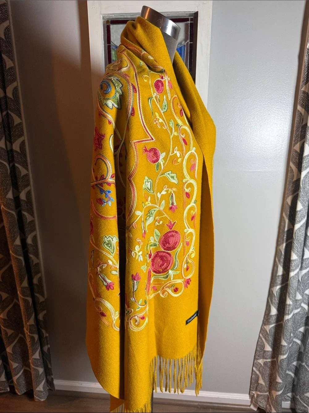 Cashmere Embroidered Shawl Wrap Scarf Mustard Gold Floral Pomegranate⁠
